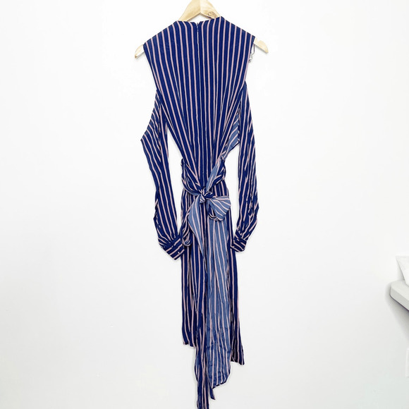NICHOLAS Pinstripe Wrap Dress Navy Blue Midi silk cold shoulder women's 2 - Picture 5 of 5